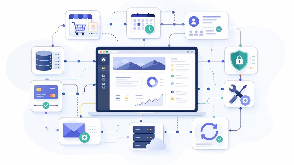créer un site internet avec l'IA - Illustration de la complexité technique d’un site web dynamique avec e-commerce, réservations et maintenance.